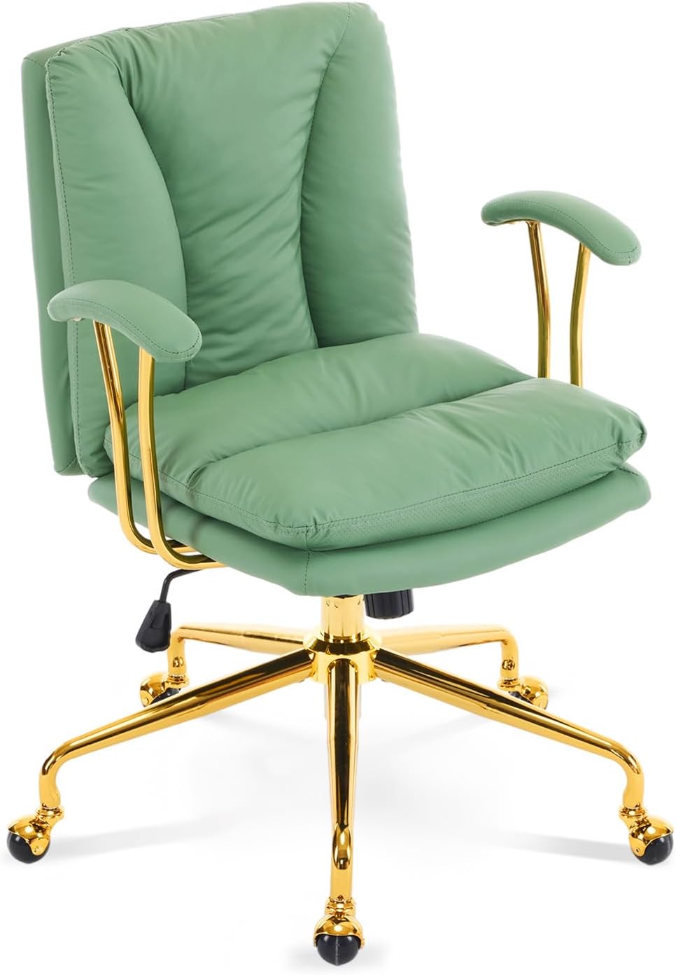 VINGLI Home Office Desk Chair Comfy with Wheels & Removable Armrests,Gold Base Vanity Chair with Back,Adjustable Rolling Swivel Computer Task Chair for Study,Makeup,Office,Cat Scratch PU,Green