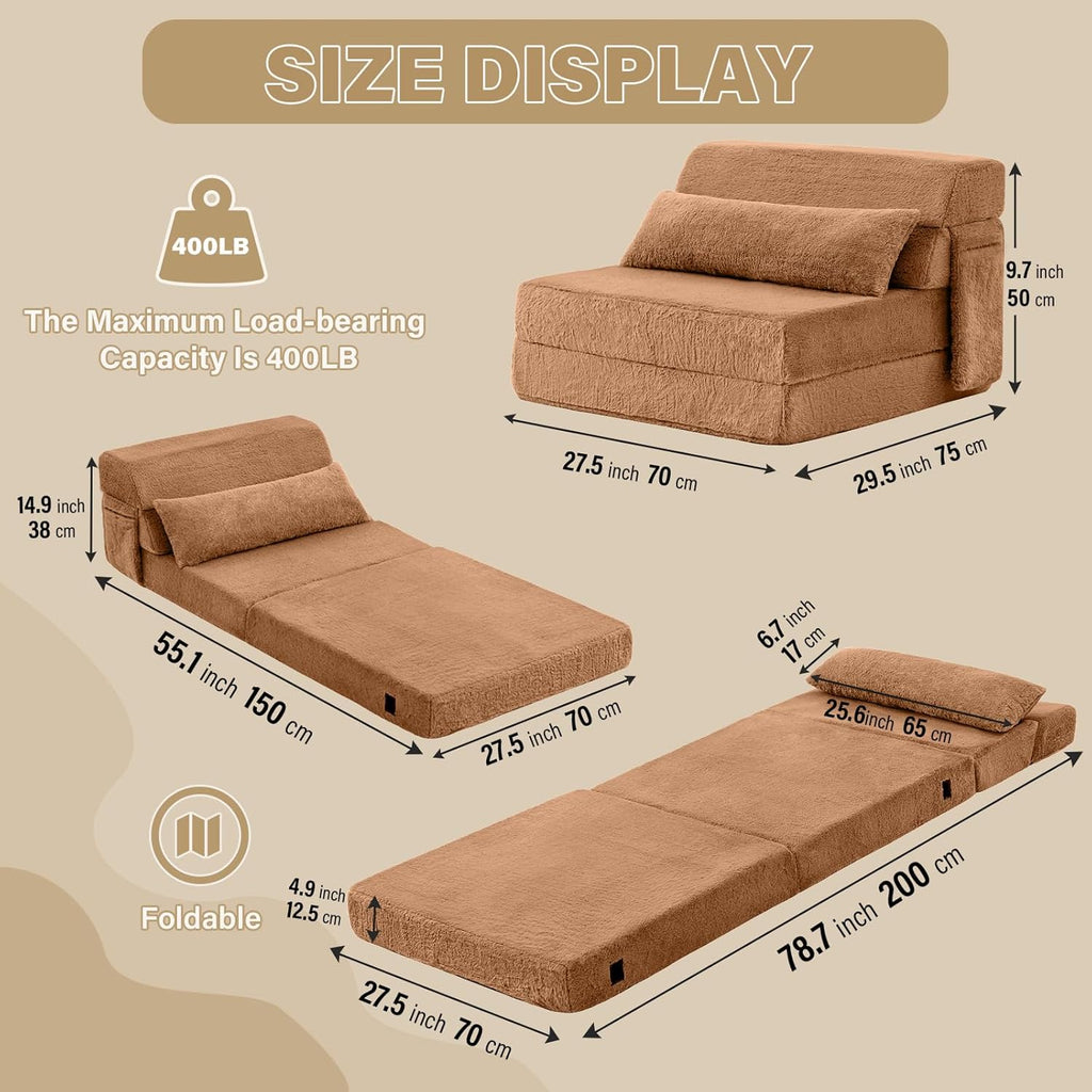 Tiita Convertible Folding Sofa Bed Single Size for Adults with Pillow, Plush Fabric Floor Mattress Couch Bed, Washable Cover & Side Pocket, Guest Room, Dorm, Apartment, Living Room, Brown