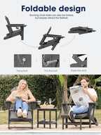 KINGYES Adirondack Rocking Chair with Retractable Ottoman and Cup Holders, HDPE Adirondack Rocker Patio Rocking Chair for Porch, Patio, Balcony, Leaden Grey