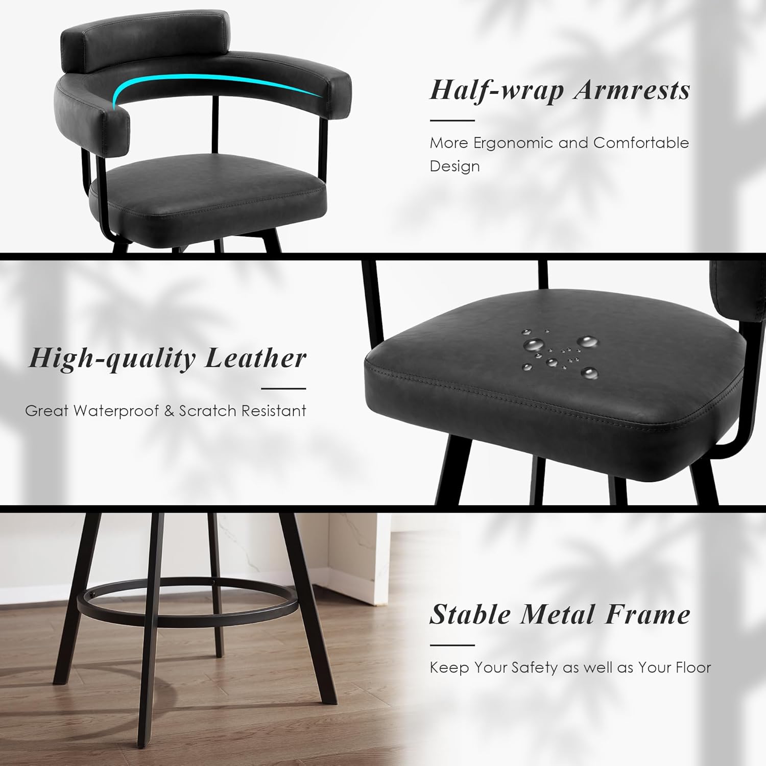 26'' Swivel Counter Height Stools with Round Back, Faux Leather Upholstered Bar Stools with Metal Legs, Armrest, Modern Counter Stools for Kitchen Island, Dining Room (Black, Set of 2)
