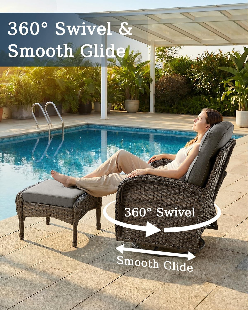 Luxury Outdoor Swivel Rocker Patio Chairs of 4 with Fire Pit Table - 5 Piece Furniture Set with 6-Inch Smile Cushions High Back Brown Wicker Rattan Gliders for Porch Balcony Deck - Grey