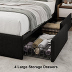 Queen Bed Frame with 4 Storage Drawers, Upholstered Modern Bed Frame with Wingback Headboard, Charging Station, No Box Spring Needed, Easy Assembly, Black