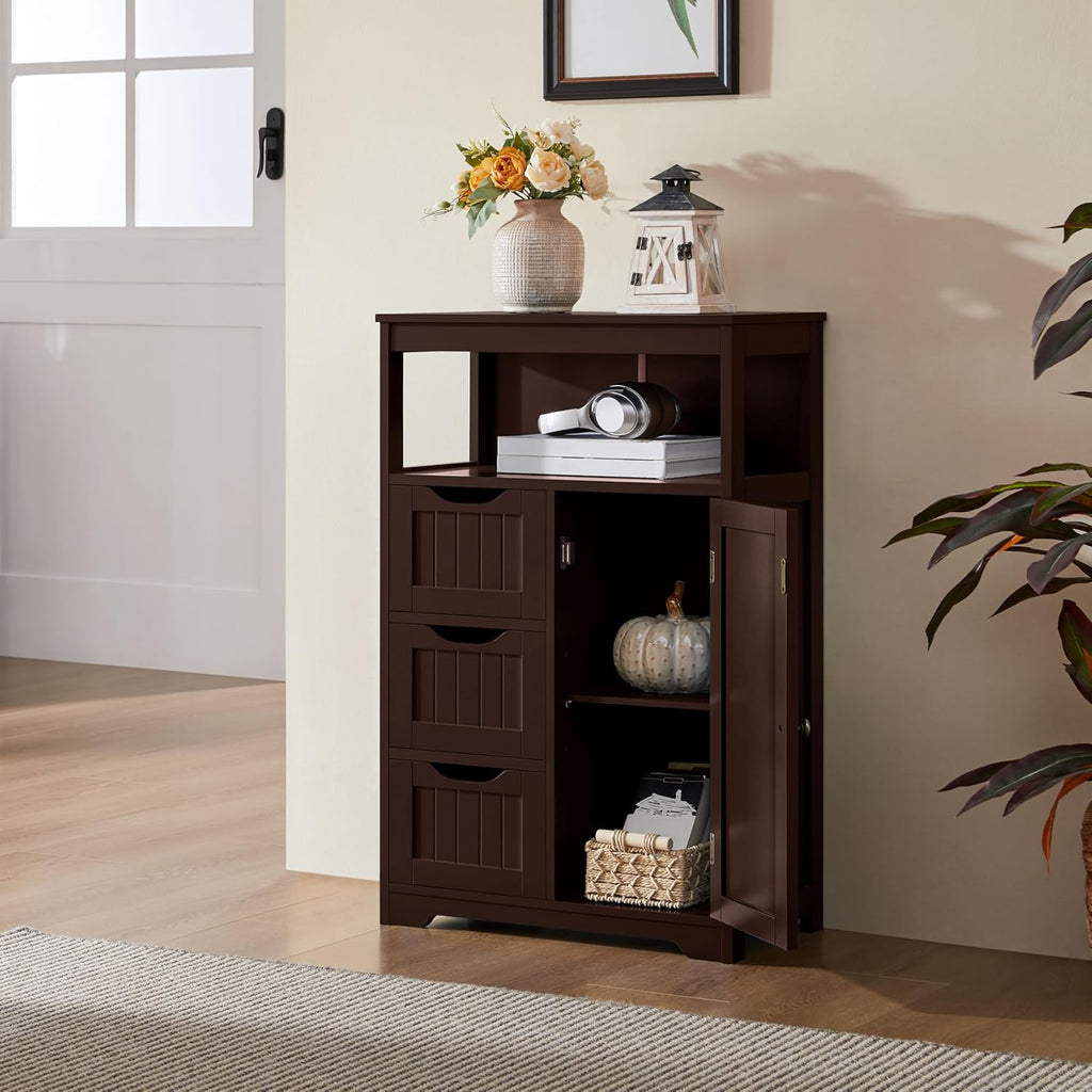 Yaheetech Wood Bathroom Floor Cabinet with 3 Drawers &1 Cupboard, Free Standing Storage Organizer Hallway Entryway Cabinet for Living Room Kitchen, Espresso