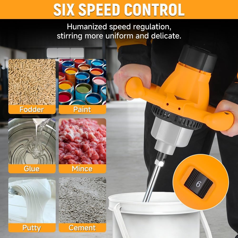 Hoteche 1200W Handheld Power Cement Mixer, 6-Variable Speed Electric Concrete Mixer, Heavy Duty Portable Mortar Mixer, Pro Drill Mixer for Mud, Thinset, Grout, Paint & Plaster