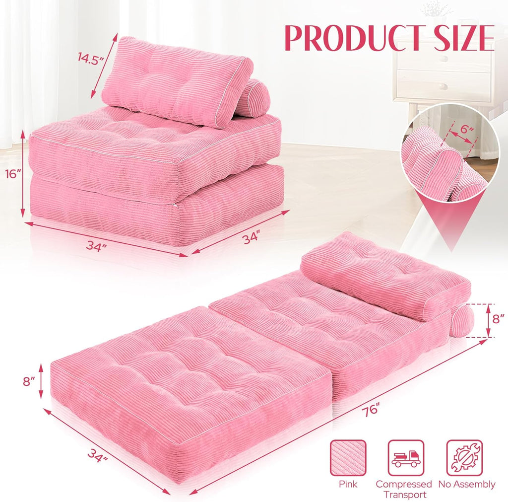 HABUTWAY Folding Sofa Bed, Convertible Sleeper Chair Bed w/Dual-Pillow & Handle, Foldable Floor Sofa Lounge w/Back Support for Living Room, Bedroom, Apartment, Office, Single, Pink