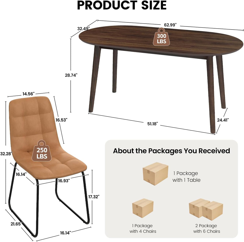 63" Oval Dining Table Set for 4, 5 Piece Modern Dining Table Set for Kitchen and Dining Room, Solid Wood Legs Dining Table with 4 Checkered PU Leather Dining Chairs（Walnut Table+4 Brown Chairs)
