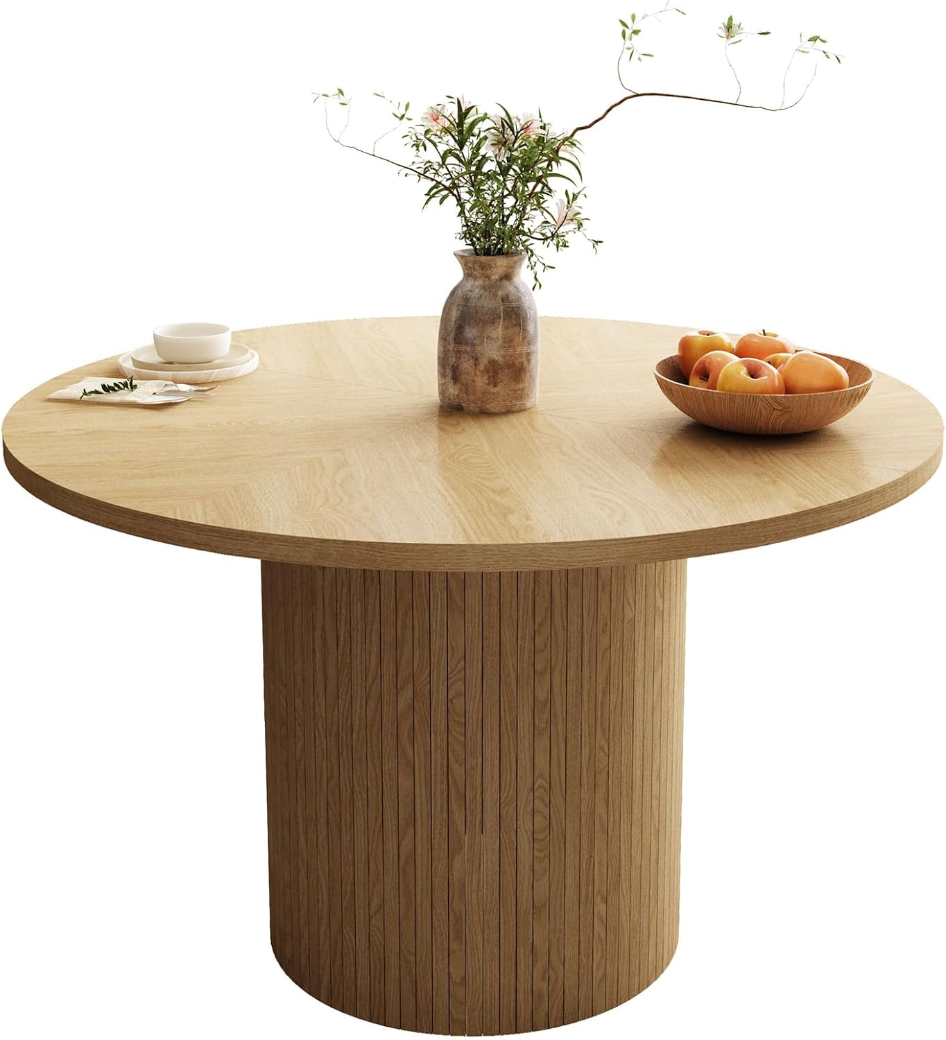 47 Inch Round Dining Table, Farmhouse Fluted Dining Kitchen Table, Modern Wood Small Circle Dining Table for Kitchen Living Room, Natural