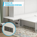Mjkone Murphy Bed Queen Cabinet, Cube Cabinet Bed with Tri-Folding Mattress, Foldable Panel, Hidden Murphy Chest Beds with 2 Storage Drawers & USB Charging Station for Living Room Office, White