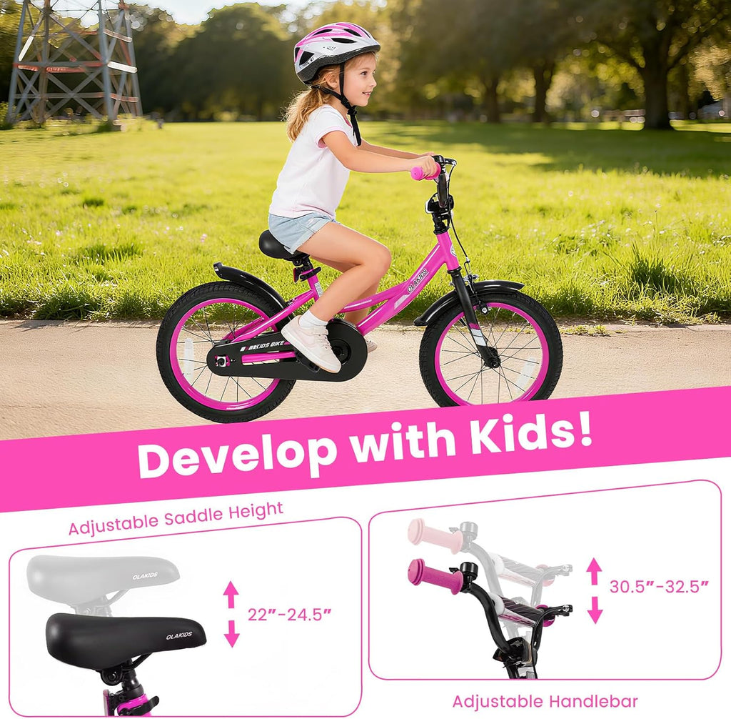 Olakids Kids Bike, 12 14 16 18 Inch BMX Style Toddlers Bike with Training Wheels Adjustable Seat Handlebar Coaster Brake Handbrake Safety Bell, Children's Bicycle for Boys Girls