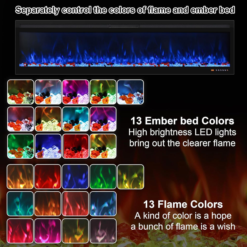 60 Inch Smart WiFi Infrared Electric Fireplace Realistic Flame, 169 Flame Color Combinations,App/Remote Control, Logs & Crystals,750W/1500W Heater, Black