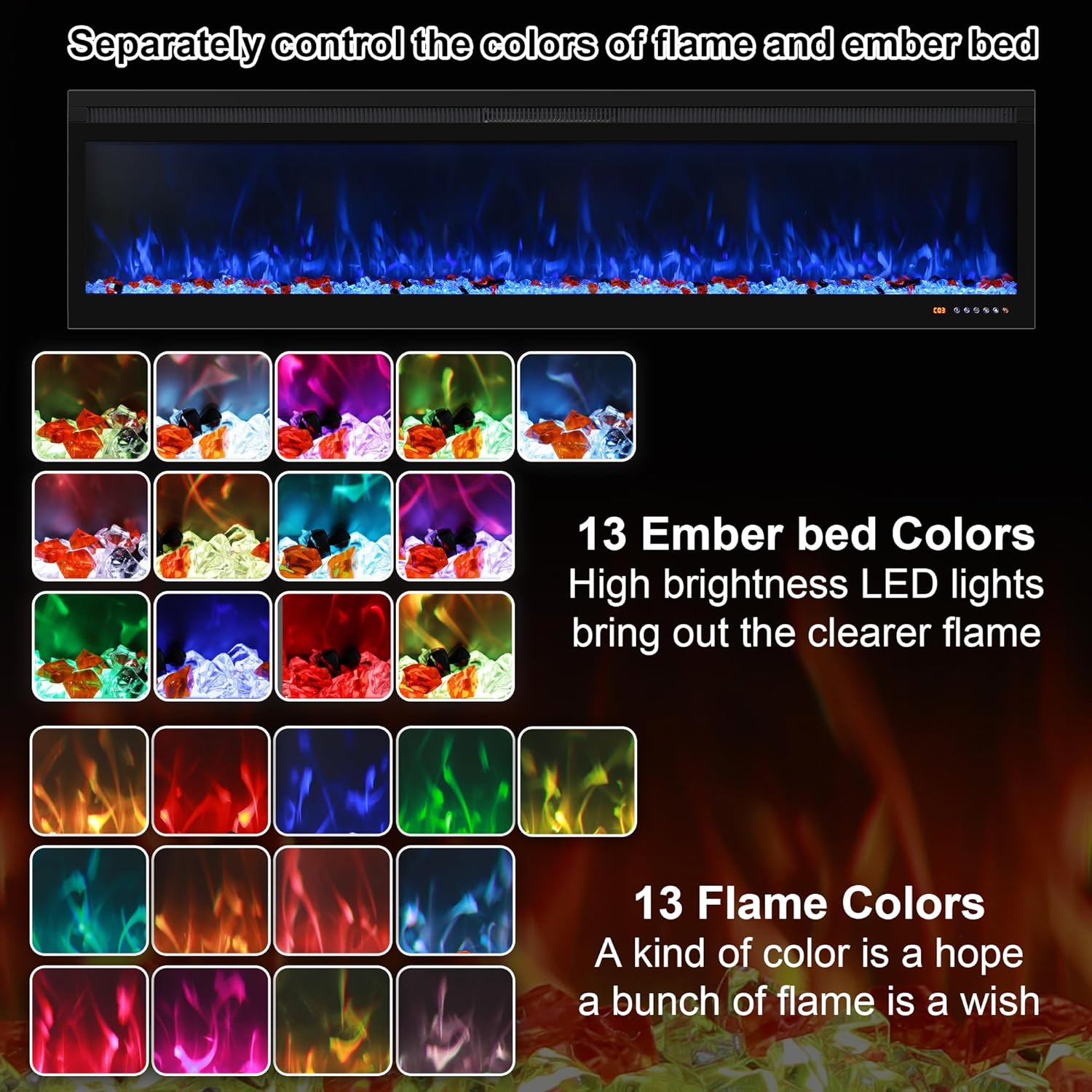 Linear Smart WiFi Electric Fireplace 72 Inch, APP & Touch Screen & Remote Control, 169 Realistic Flame Color Combinations, Timer & Thermostat Fireplace Heater,1500W