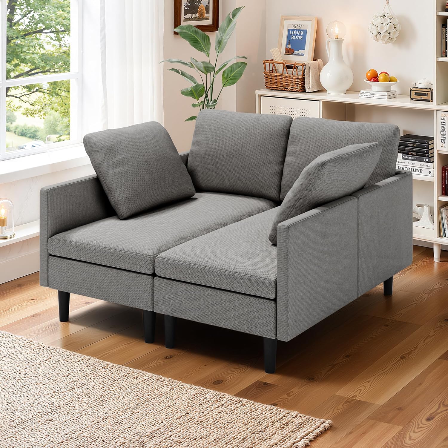 Gizoon Convertible Sectional Sofa, Convertible to L-Shaped Sofa, Linear and Sofa Bed, with Comfortable and Soft Fabric, Four Pillows, for Living Room, Apartment and Office, Light Gray
