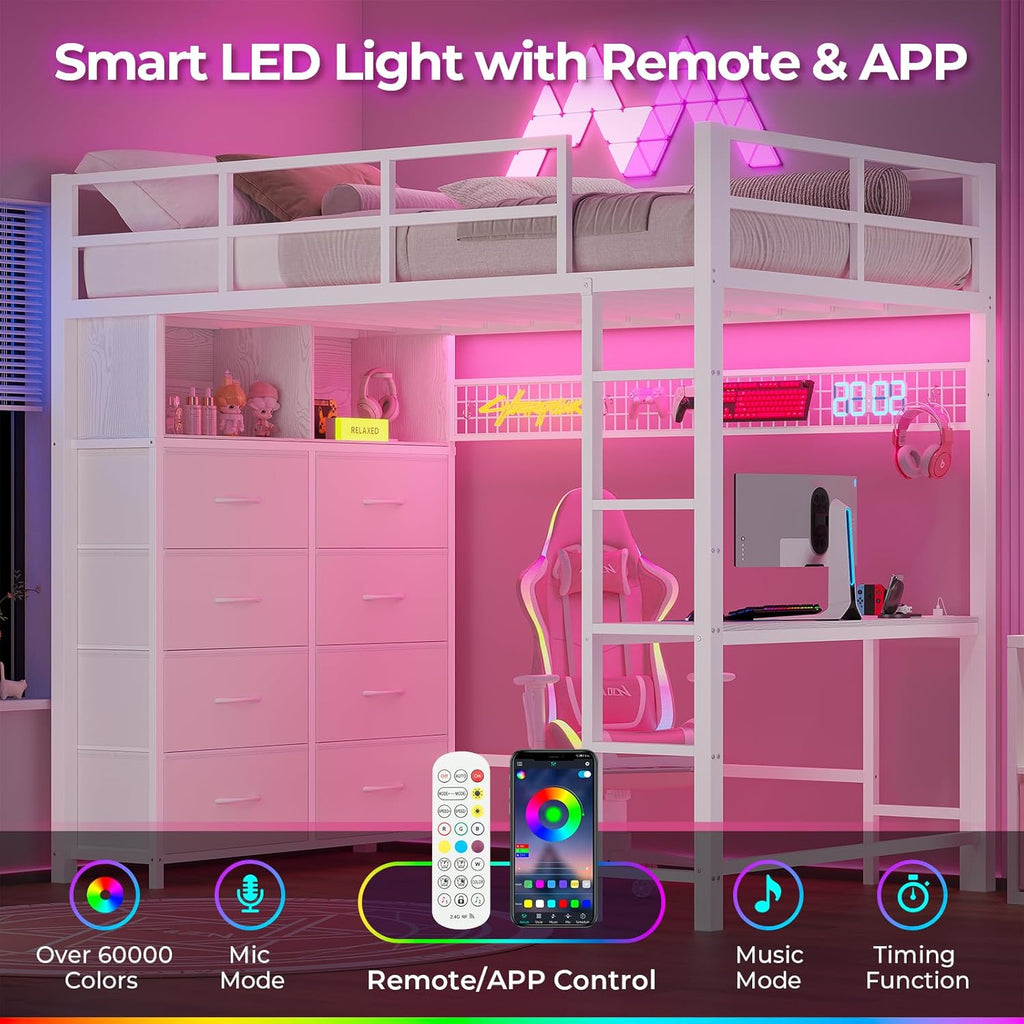 ADORNEVE Twin Size Loft Bed with Desk and 8 Storage Drawers, Metal Kids Loft Bed Twin with LED Lights & Charging Sation, Storage Shelves, 13.1" H Safety Guard & Ladder, No Box Spring Needed, White
