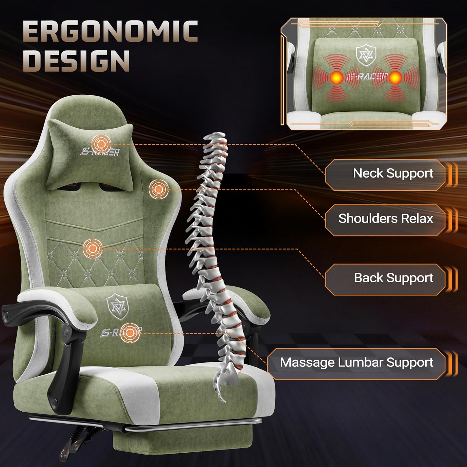 Homall Gaming Chair with Massage & Footrest, Ergonomic Computer Office Chair, High-Back Racing Style Reclining Chair with Adjustable Lumbar Support, Breathable Tech Fabric for Adults (Green)
