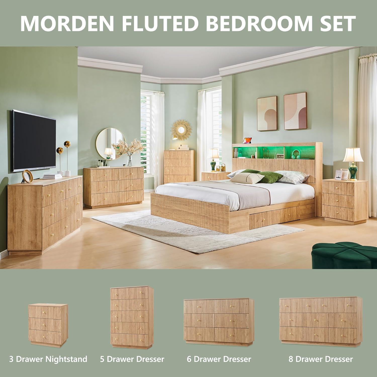Fluted Dresser for Bedroom, 48" H 7 Drawer Dressers, Wood Tall Dresser Storage Organizer, Modern Bedroom Chest with Deep Storage for Closet Hallway, Entryway, Living Room Natural