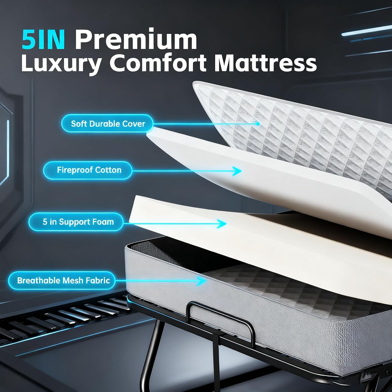 Pataku Folding Bed with Mattress, Twin Foldable Bed, Roll Away Beds for Adults, 75" x 31" Roll Away Portable Beds with 5" Mattress, Folded Frame for Small Apartment, Guest Room