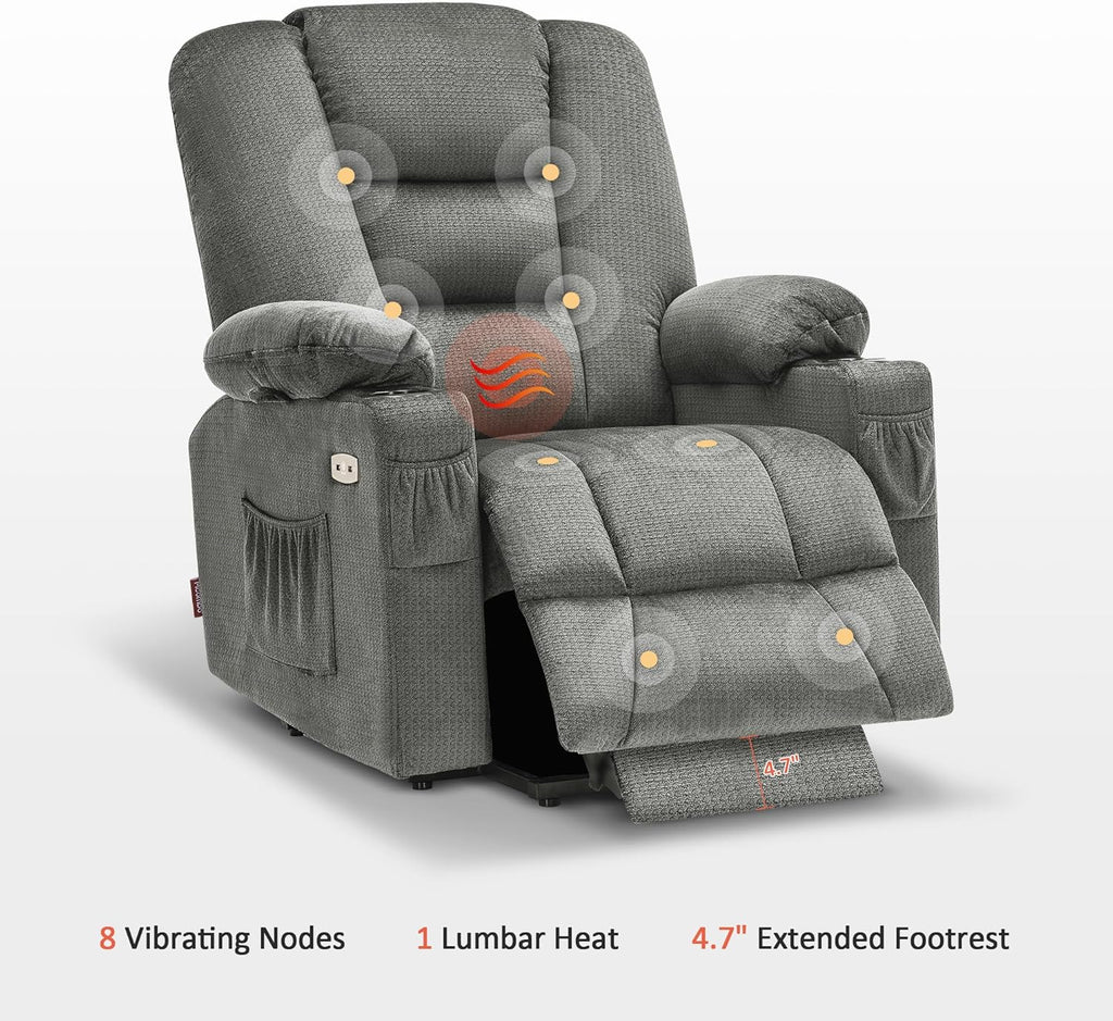 MCombo Power Lift Recliner Chair with Massage and Heat for Elderly People, Cup Holders, USB Ports, Side Pockets, Fabric 7529 (Medium, Grey)