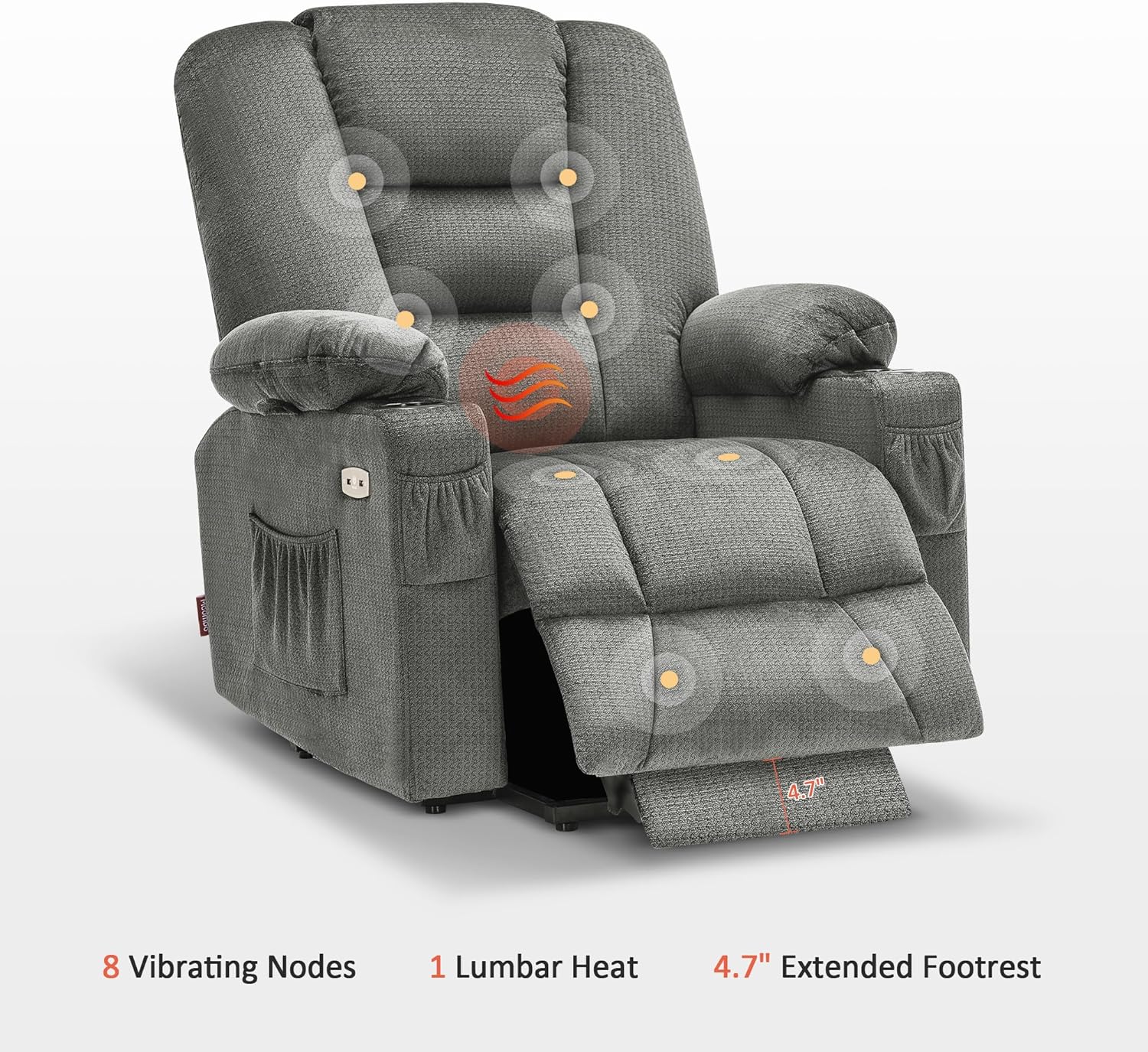 MCombo Power Lift Recliner Chair with Massage and Heat for Elderly People, Cup Holders, USB Ports, Side Pockets, Fabric 7529 (Medium, Grey)