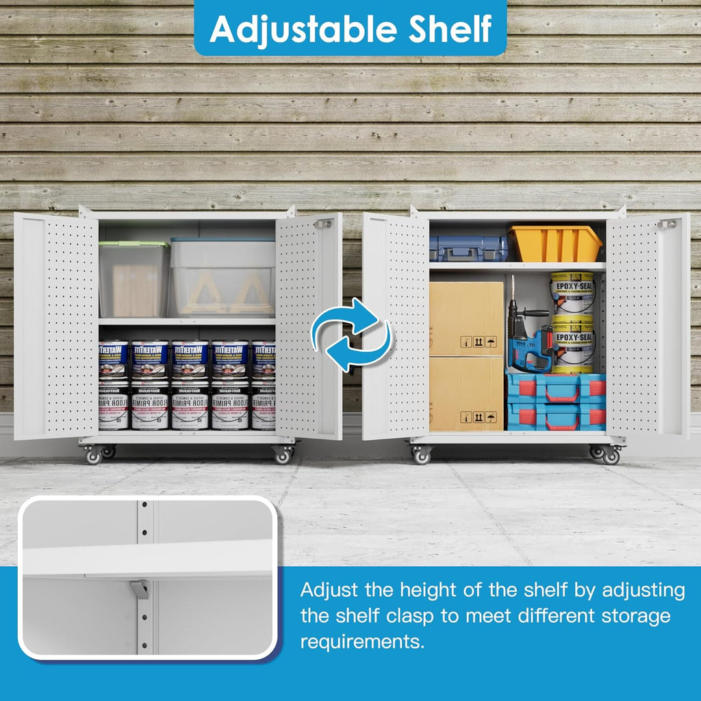 SUXXAN Storage Cabinet with Wheels and Pegboard, Rolling Garage Storage Cabinet with Locking Doors and Adjustable Shelf, Heavy Duty Steel Utility Cabinet for Home Office, Assembly Required