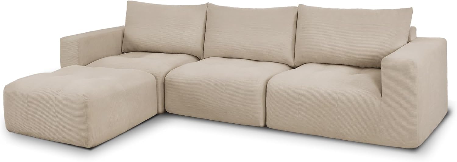 MCombo 121" Modular Sofa Couch, No Assembly Required, L Shaped Compressed Sectional Sofa with Ottoman, Deep Seat Upholstered Boneless Couch for Living Room, SS378 (Light Brown)