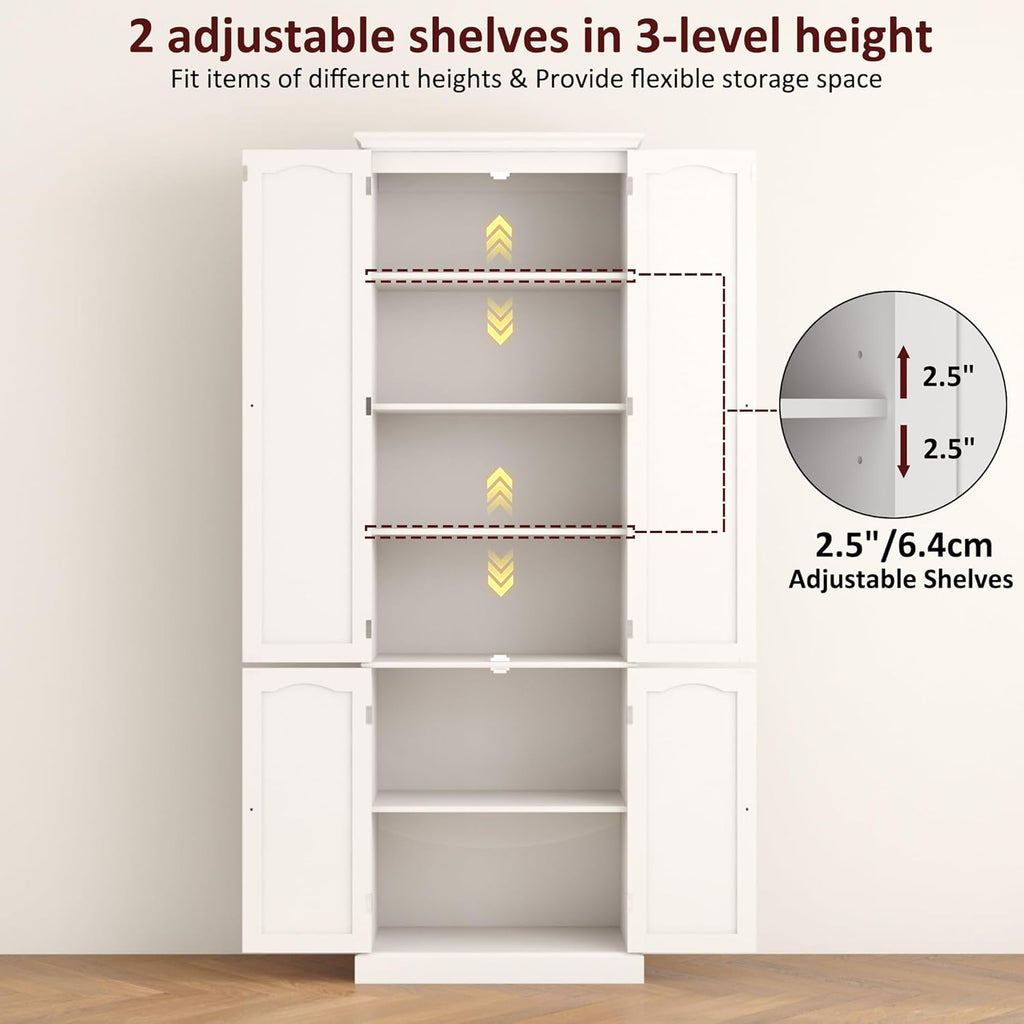 Function Home 72" Kitchen Pantry Cabinet, Tall Wood Storage Cabinet with Doors and Adjustable Shelves, 6-Tier Freestanding Cupboard for Kitchen Dining Room Living Room Bathroom, White