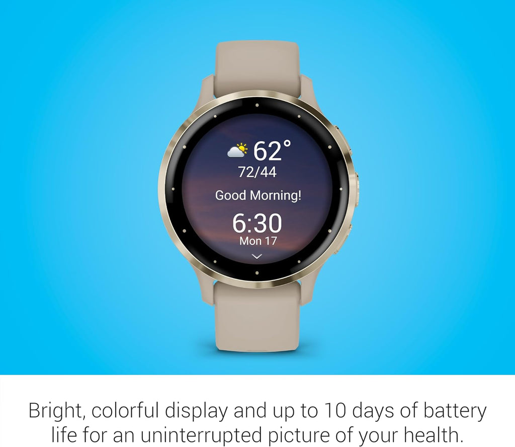 Garmin Venu 3S Soft Gold Stainless Steel Bezel 1.2-Inch AMOLED Touchscreen Display Smart Watch  Phone Supported with 41mm French Gray Case and Silicone Band