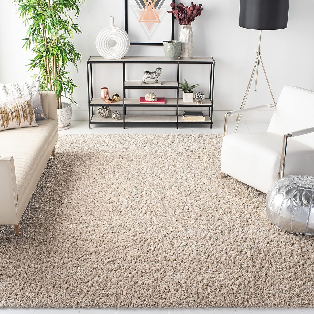 SAFAVIEH August Shag Collection Area Rug - 9' x 12', Beige, Solid Design, Non-Shedding & Easy Care, 1.5-inch Thick Ideal for High Traffic Areas in Living Room, Bedroom (AUG200D)