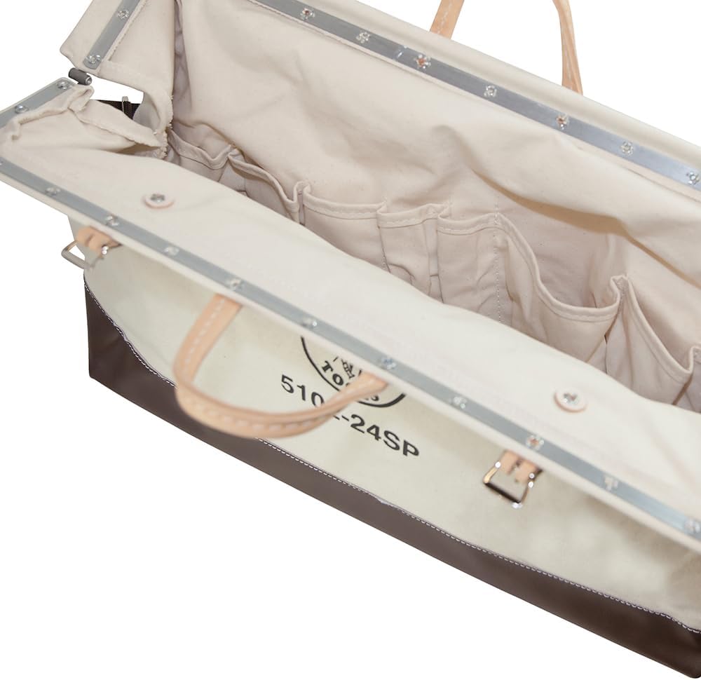 Klein Tools 5102-24SP Deluxe Canvas Tool Bag 24-Inch Made of Natural Canvas with 17 Interior Pockets and Detachable Shoulder Strap