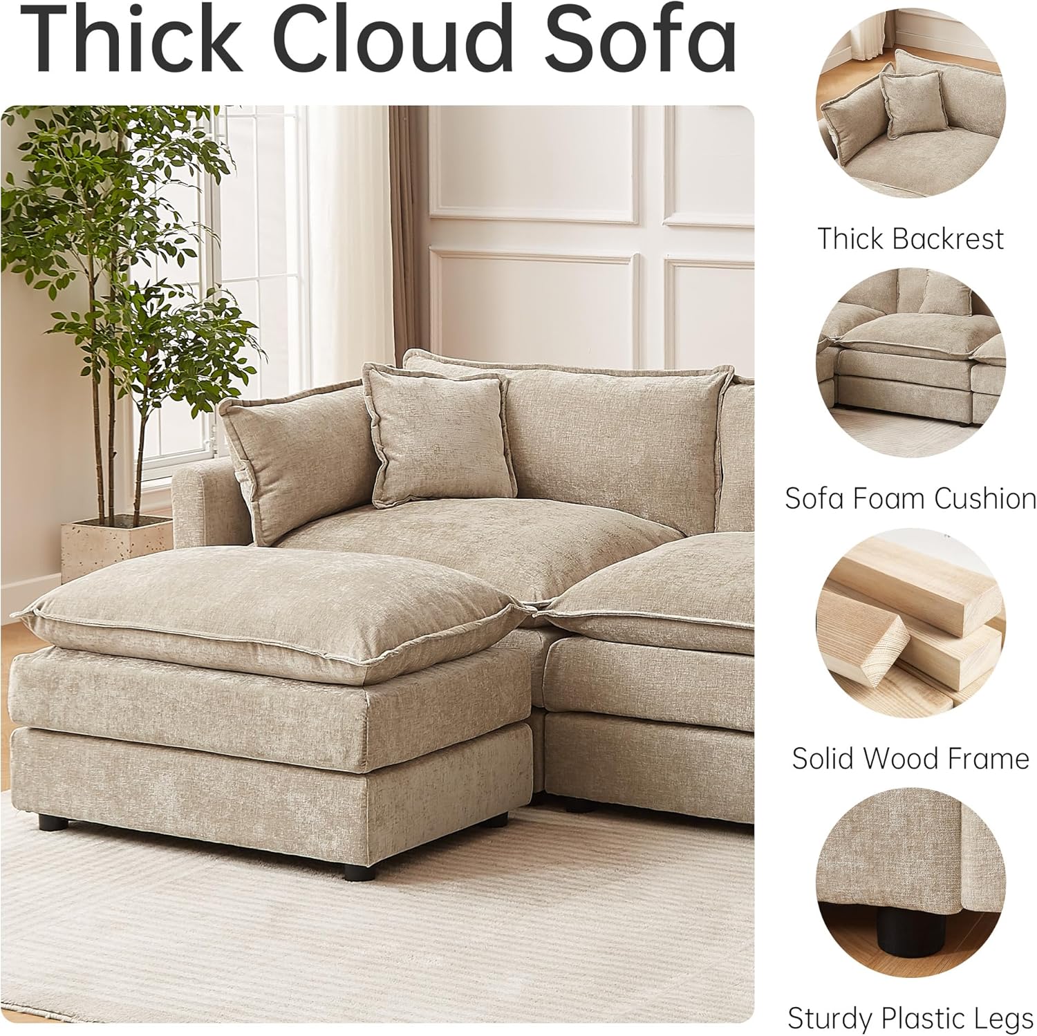 Modular Sectional Sofa, 112.2 Inch L Shaped Couch Set with Armrests, 3-Seater Comfy Cloud Couches for Living Room Apartment, Coffee