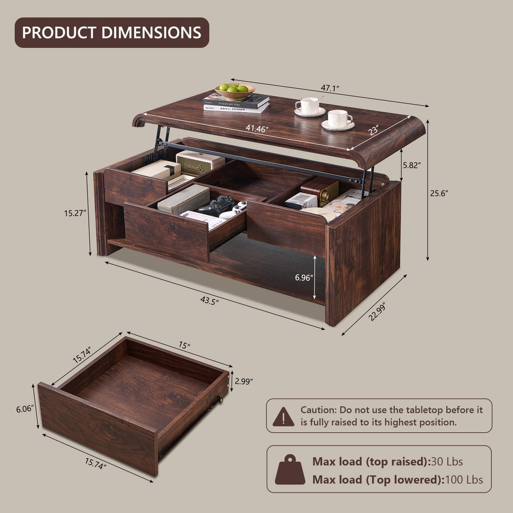 47" Lift Top Coffee Table with Storage, Modern Coffee Table with Pull-Out Drawer and Two-Tier Storage, Rectangle Wood Center Table w/Curved Profile Design for Living Room, Brown