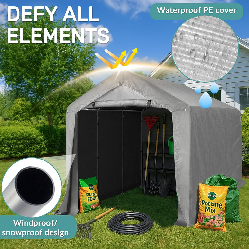 VINGLI 8x12 FT Outdoor Portable Storage Shed, Heavy Duty Bike Tent with Roll-up Zipper Door, Waterproof and UV Resistent Carport for Motorcycle, Garden Tools, Firewood, Gray