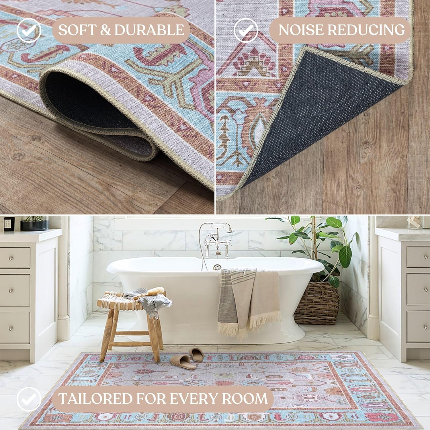 Fame Living Pink Oushak Rug, Modern, Vintage, Turkish, Eclectic, Floral, Pastel, Washable, Area Rugs for Living Room, Dining, Bedroom, Nursery, Girls, Boys, 5'9"x8'9"