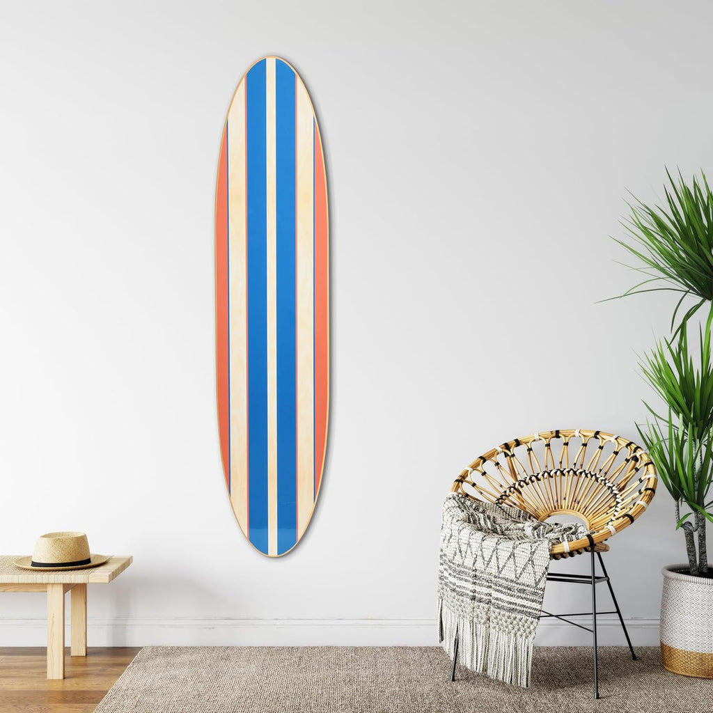 Creative Co-Op Coastal Decorative Surfboard Wall Décor, Red & Blue Stripes Overlaid On Natural Wood, Hangs Vertical or Horizontal