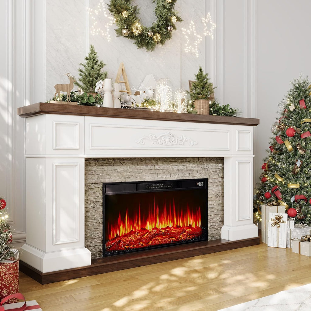 BLANKSPACE 60" Landscape Electric Fireplace with Mantel, Solid Wood Modern Entertainment Center TV Stand, Replaceable 30" Fireplace Insert Heater, for Living Room, Bedroom