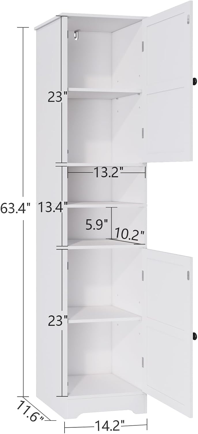 Viaozutis Tall Bathroom Storage Cabinet, Vertical Freestanding Organizer with Adjustable Shelf, Slim Design for Small Bathrooms, Towels & Toiletries Storage（White）