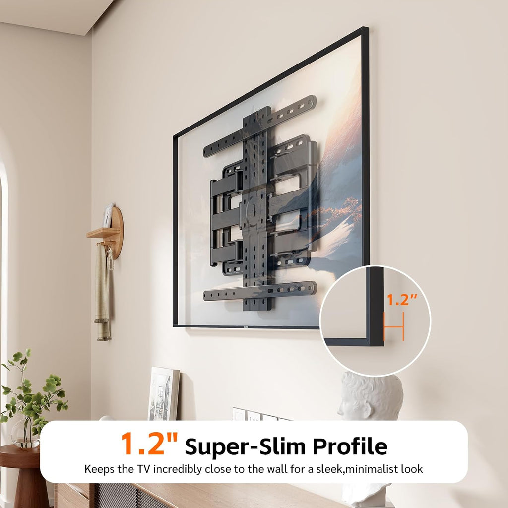 1.2" Ultra Slim TV Wall Mount for 43-90 Inch TVs,Tilt +3/-15° Level Adjustment Thin Low Profile Full Motion Bracket, Dual Swivel Articulating Arms with Tilt Fits 12"/16" Studs Max VESA 600x500mm