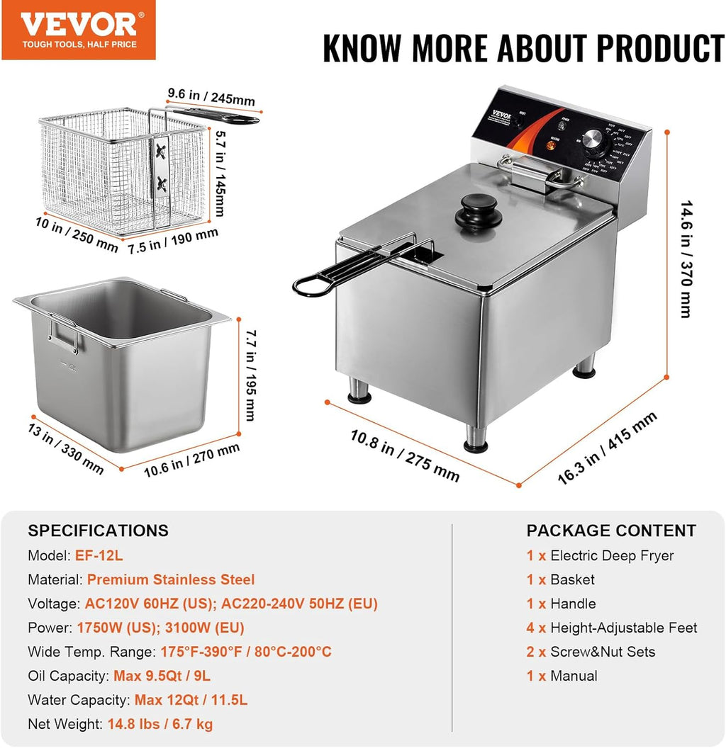 VEVOR Commercial Deep Fryer, 1750W Electric Countertop Fryer with Basket & Height-Adjustable Feet, 12Qt / 11.5L Stainless Steel Single Oil Fryer, Temp Control, Overheat Protection, for Restaurant Use