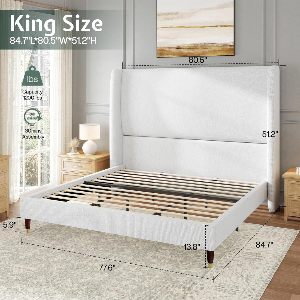 Jocisland King Upholstered Platform Bed Frame with 51.2" Tall Wingback Headboard–Solid Wood Legs, No Box Spring Needed, White Linen–Modern Style for Any Bedroom