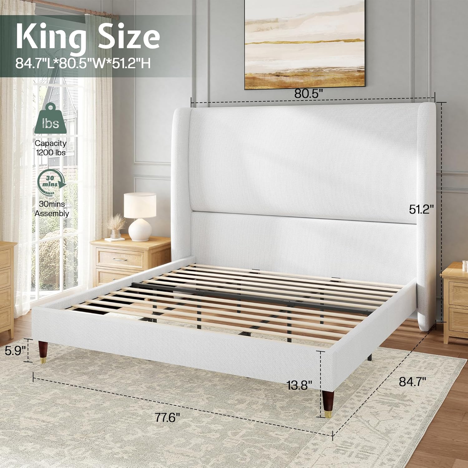 Jocisland King Upholstered Platform Bed Frame with 51.2" Tall Wingback Headboard–Solid Wood Legs, No Box Spring Needed, White Linen–Modern Style for Any Bedroom