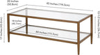 Henn&Hart 45" Wide Rectangular Coffee Table with Glass Shelf in Antique Brass, Coffee Table coffee tables for living room, studio apartment essentials