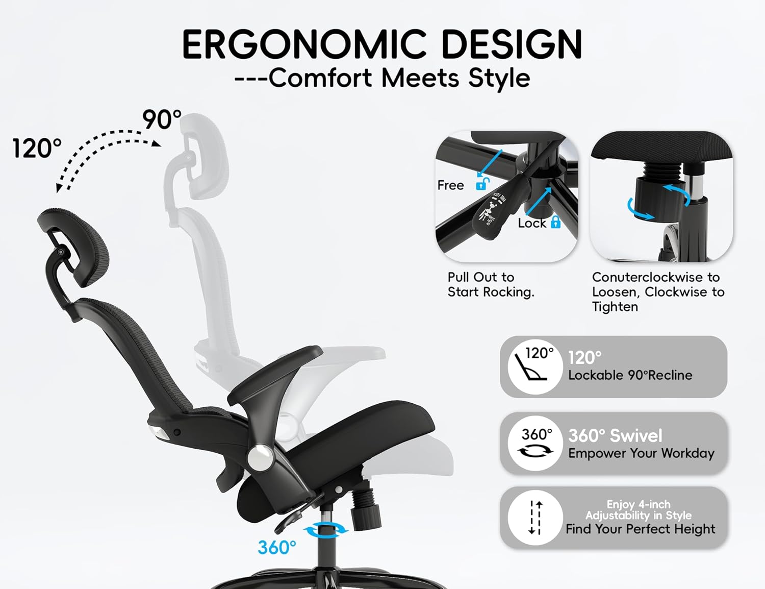 TRALT Office Chair - Ergonomic Office Chair with Back Support, Computer Chair - Home Office Desk Chair, 330 lbs Wide Seat Big and Tall Office Chairs with Headrest, Comfy Desk Chairs (Black)