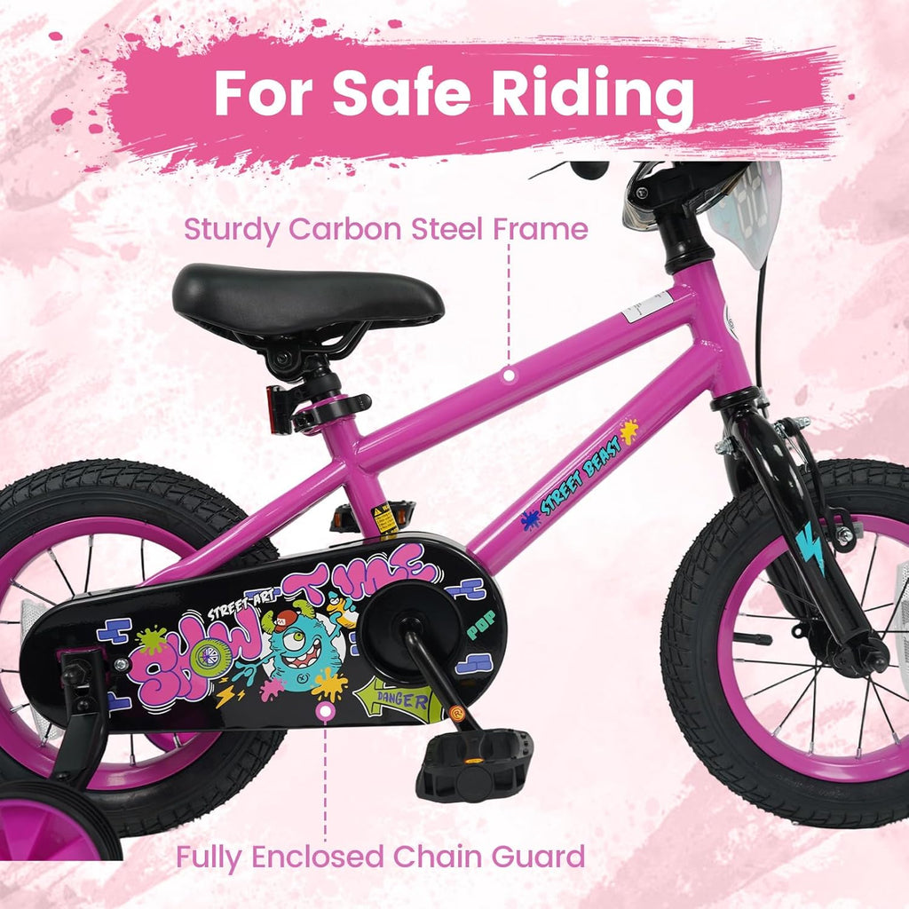 Olakids Kids Bike, 12 14 16 18 Inch BMX Style Toddlers Bike with DIY Drawing Board Training Wheels Adjustable Seat Coaster Brake Handbrake Safety Bell for Boys Girls