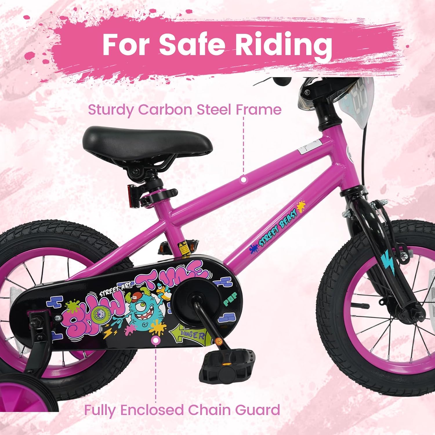 Olakids Kids Bike, 12 14 16 18 Inch BMX Style Toddlers Bike with DIY Drawing Board Training Wheels Adjustable Seat Coaster Brake Handbrake Safety Bell for Boys Girls