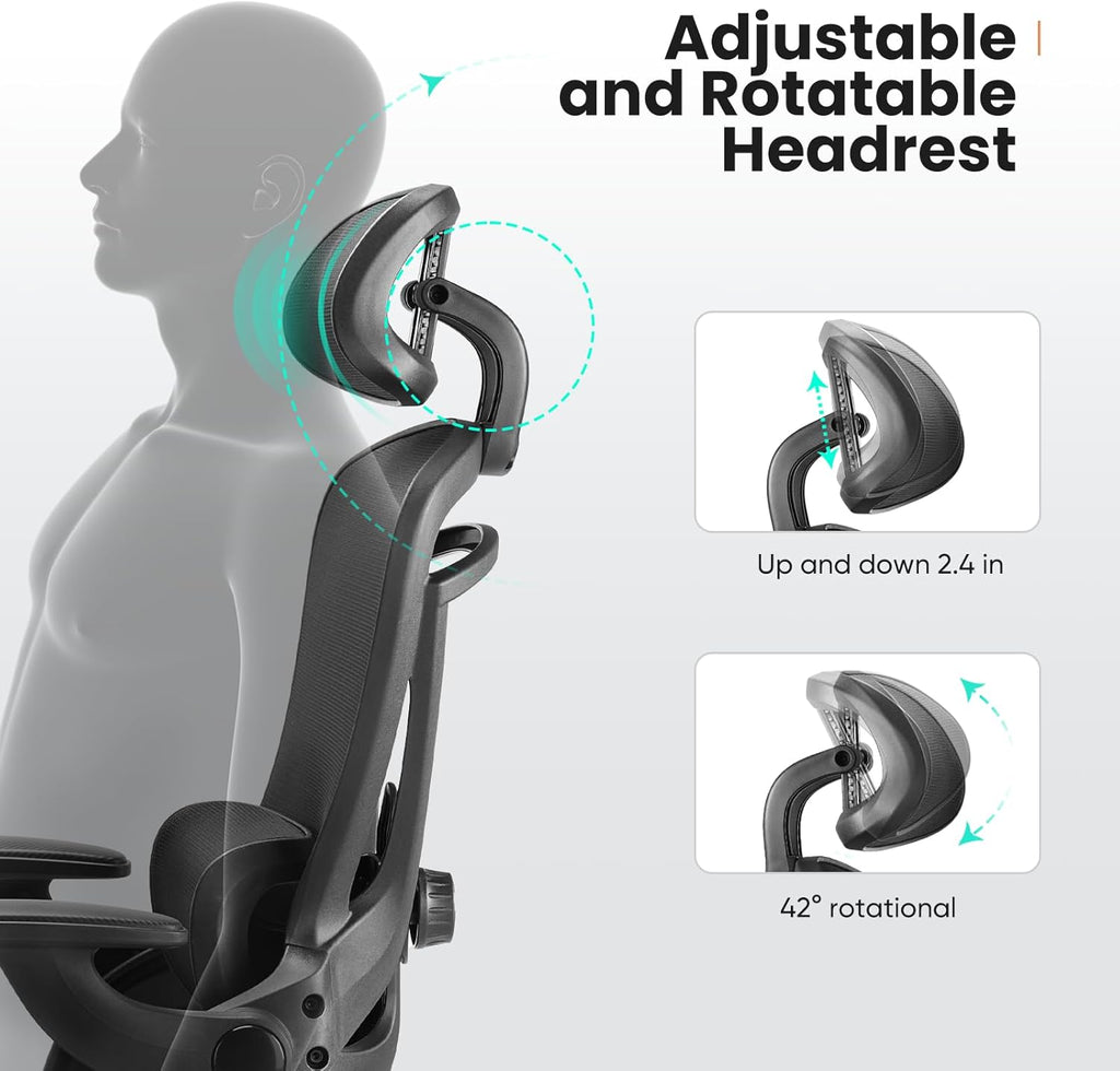 Sweetcrispy Office Chair Ergonomic Desk Chair, 300 LBS Home Mesh Office Desk Chairs with Wheels, 2D Headrest, Up&Down Lumbar Support, Swivel High Back Computer Chair with Flip-up Armrests,Dark Black