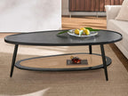 Shrine Oval Wood and Rattan Coffee Table, Mid-Century Modern Coffee Table, Two-Tier Black Walnut Table for Living Room, D47.2''x W25''x H15.3'', Walnut Wood Top and Woven Rattan Base