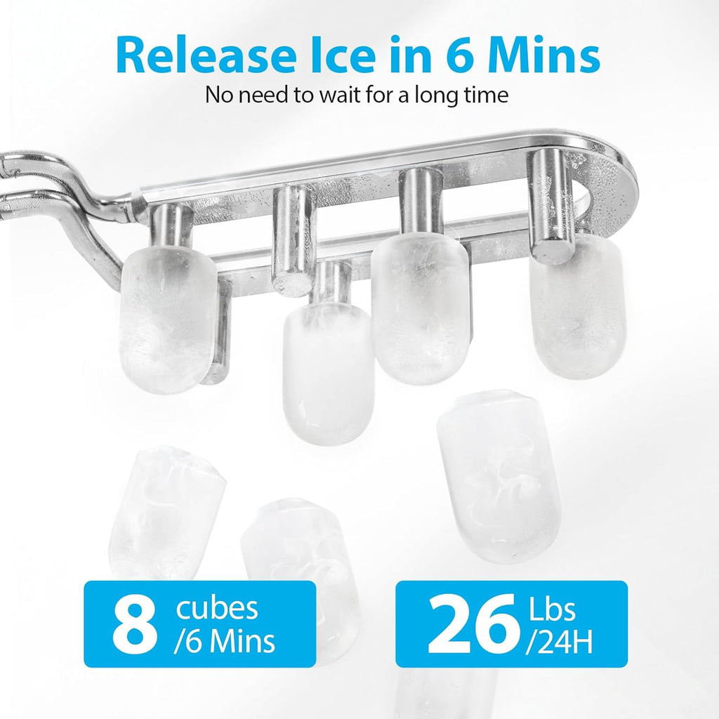 Aeitto Ice Maker Countertop 26lbs/24H, Ice Machine 8 Ice Cubes Ready in 6 Mins, 2 Sizes of Bullet Ice Portable Ice Makers with Basket & Scoop, Auto Self-Cleaning for Home/Kitchen/Office Stainless