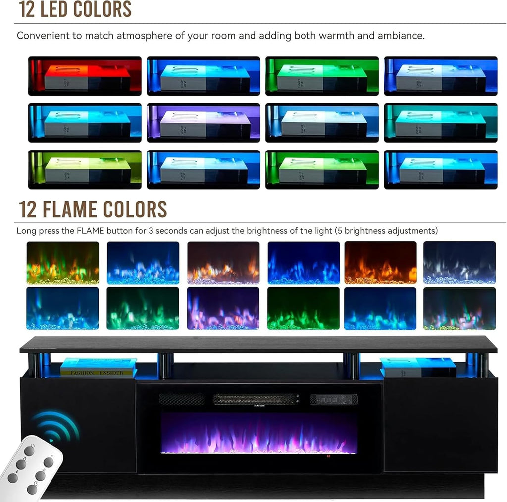 oneinmil 2 Tier TV Console Stand with 36" Electric Fireplace, LED Light Entertainment Center for TVs Up to 80" for The Living Room, 70", Black