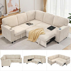 81" Modular Sectional Sofa, L Shaped 5-Seater Sleeper Sofa with Pull Out Bed, Hidden Storage, Cup Holders & USB Charging Ports, Sectional Couches for Living Room, Corduroy, Beige