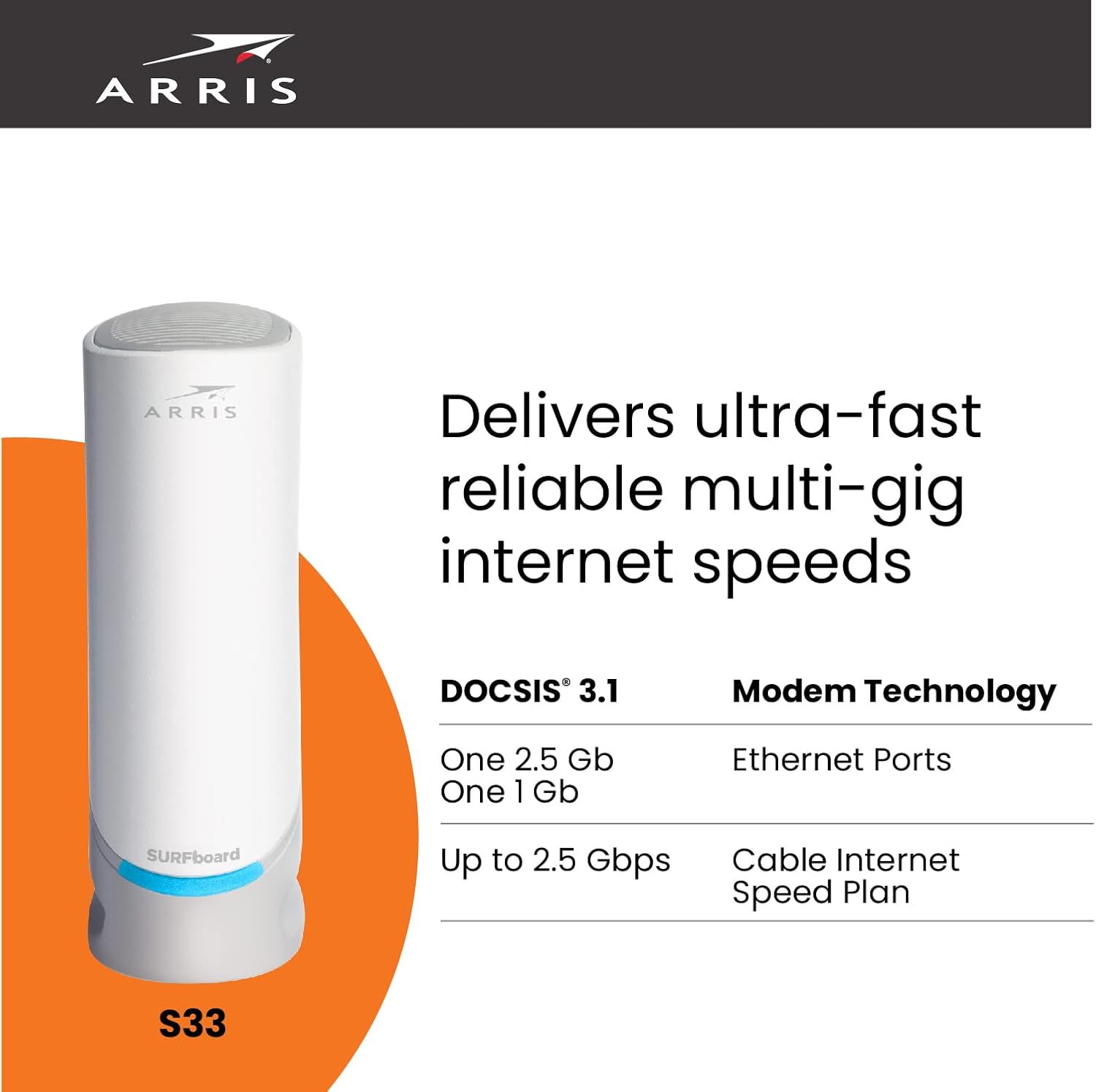 ARRIS - SURFboard S33 32 x 8 DOCSIS 3.1 Multi-Gig Cable Modem with 2.5 Gbps (Renewed)