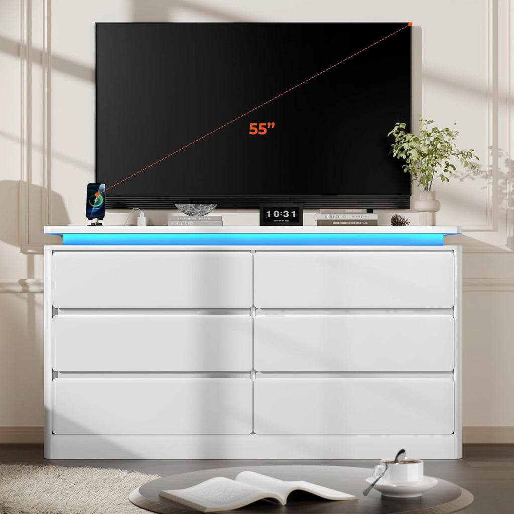 6 Drawer Dresser for Bedroom, 47.2" Long White Chest of Drawers with Charging Station & LED Lights,Curved Profile Design,Double Wooden Closet Storage Cabinet,Modern Dresser TV Stand with Deep Drawers